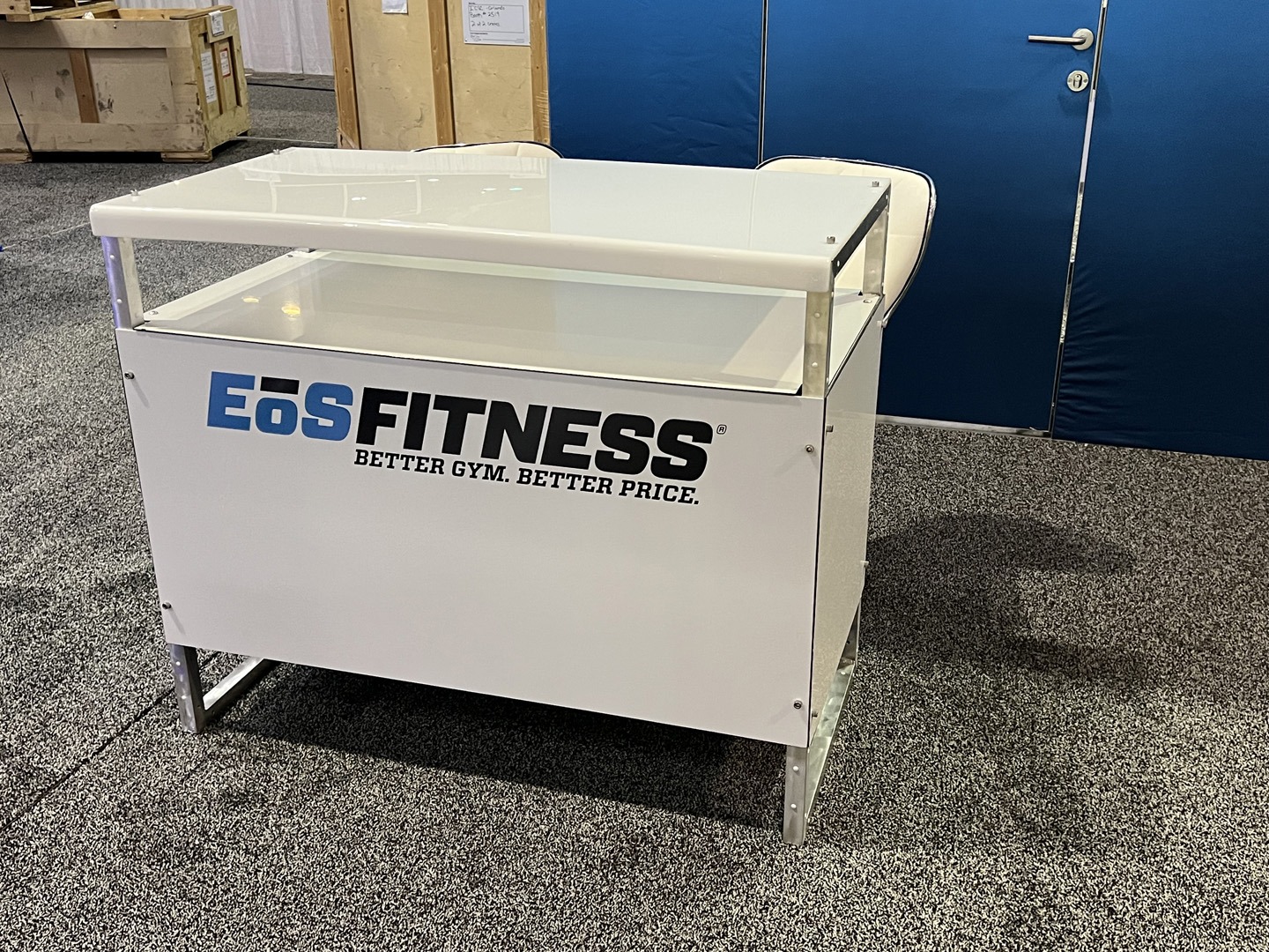 EOS Fitness custom retail display counter for an exhibit at ICSC Florida. Custom-made by TSD Counters your budget-friendly source for everything you need in marketing & advertising your business.