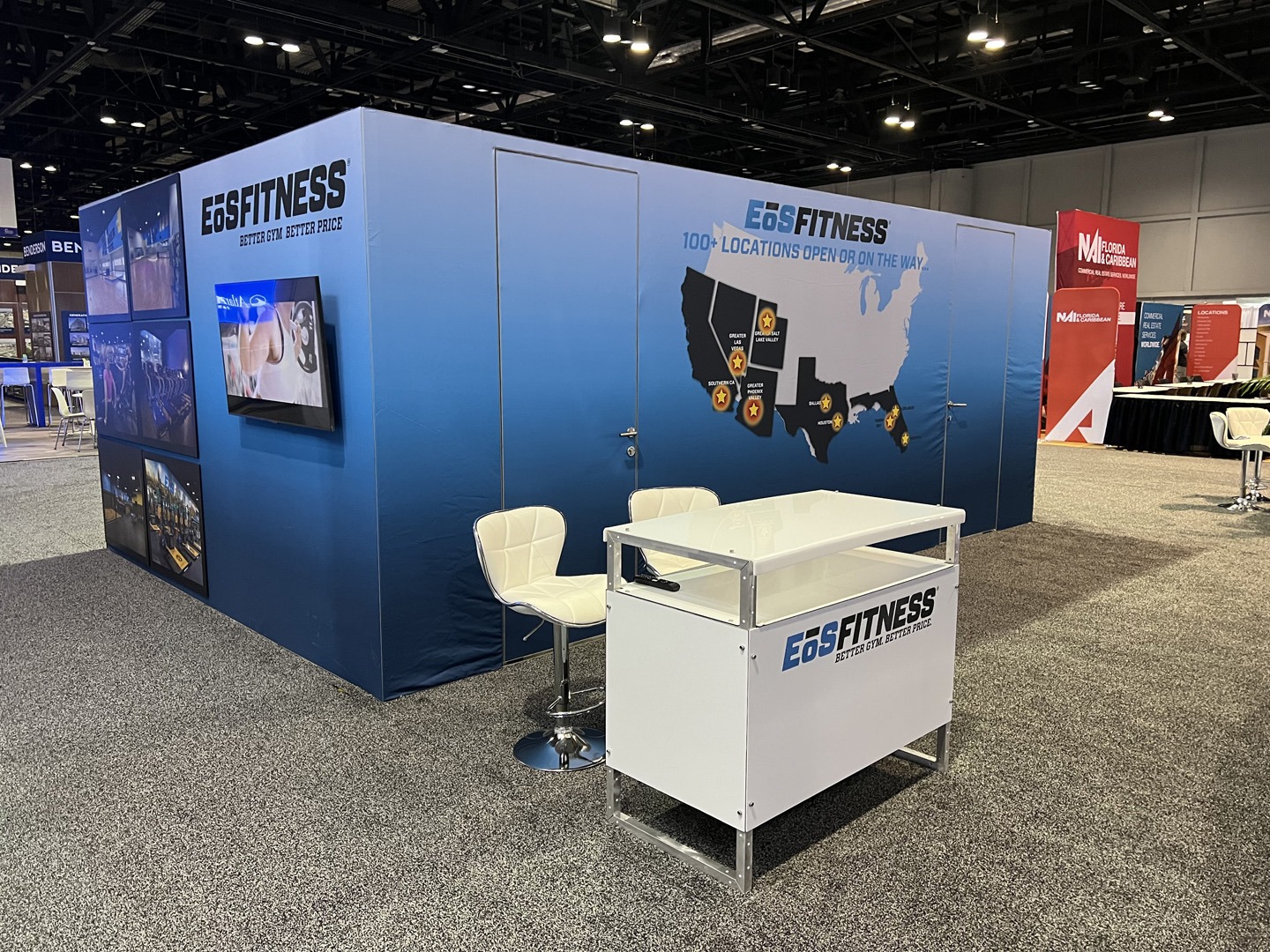 EOS Fitness custom tradeshow counters, displays and more at ICSC Florida, made by TSD Counters in Boise, ID.