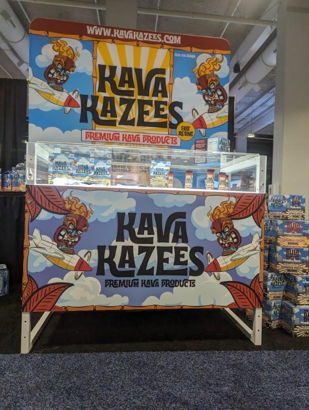 TSD Counters model D retail trade show display counter. Also a great addition to any exhibit at company events, conferences, seminars, farmers market, training workshops and charity events. Promote your business at in-person events with our custom display counters.